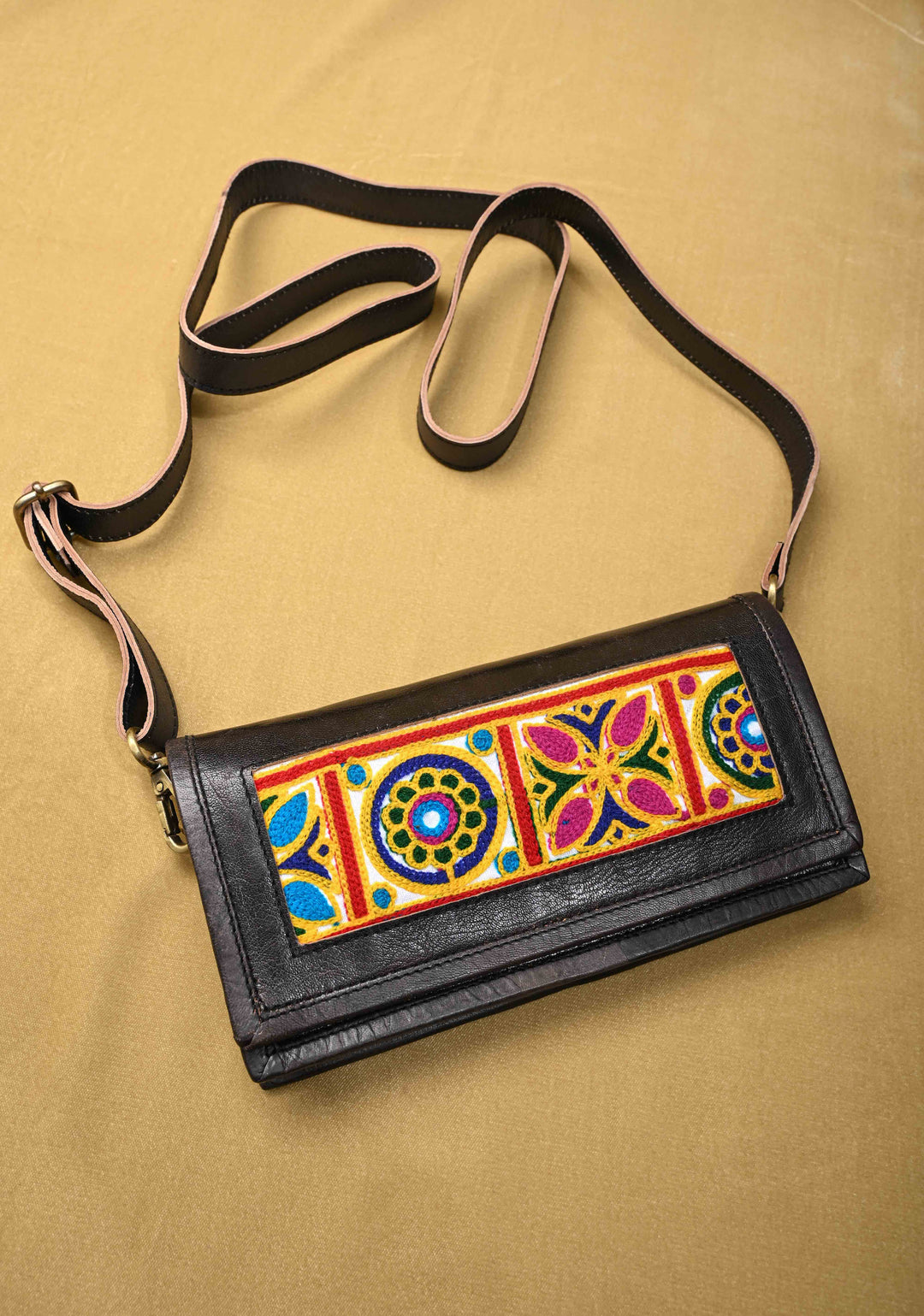 Black Hand-Crafted And Embroidery Leather Sling Bag