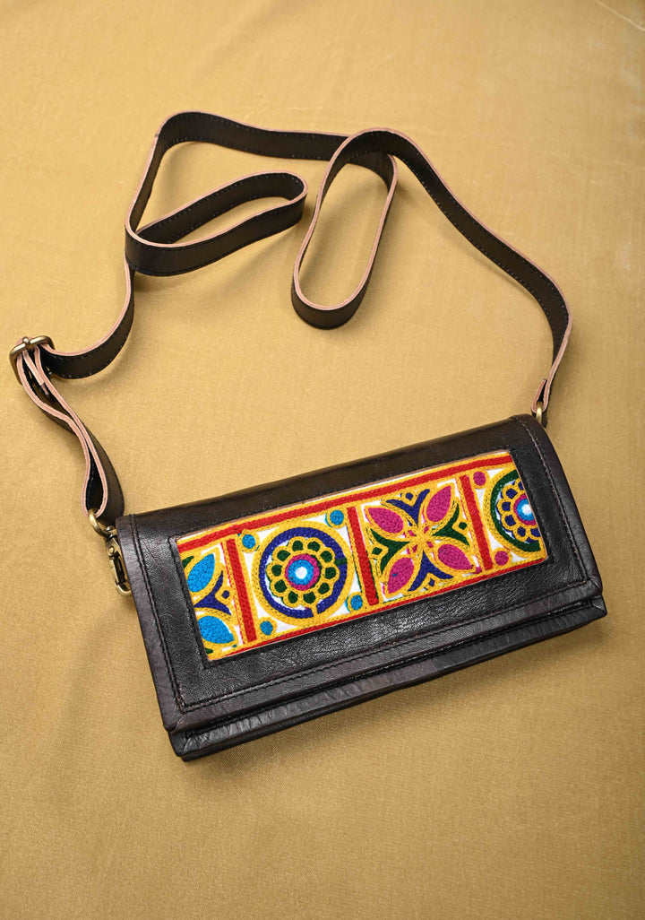 Black Hand-Crafted And Embroidery Leather Sling Bag