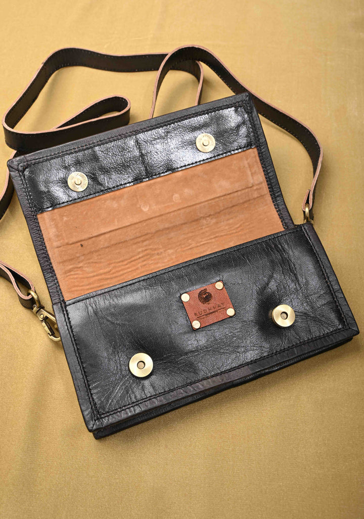 Black Hand-Crafted And Embroidery Leather Sling Bag
