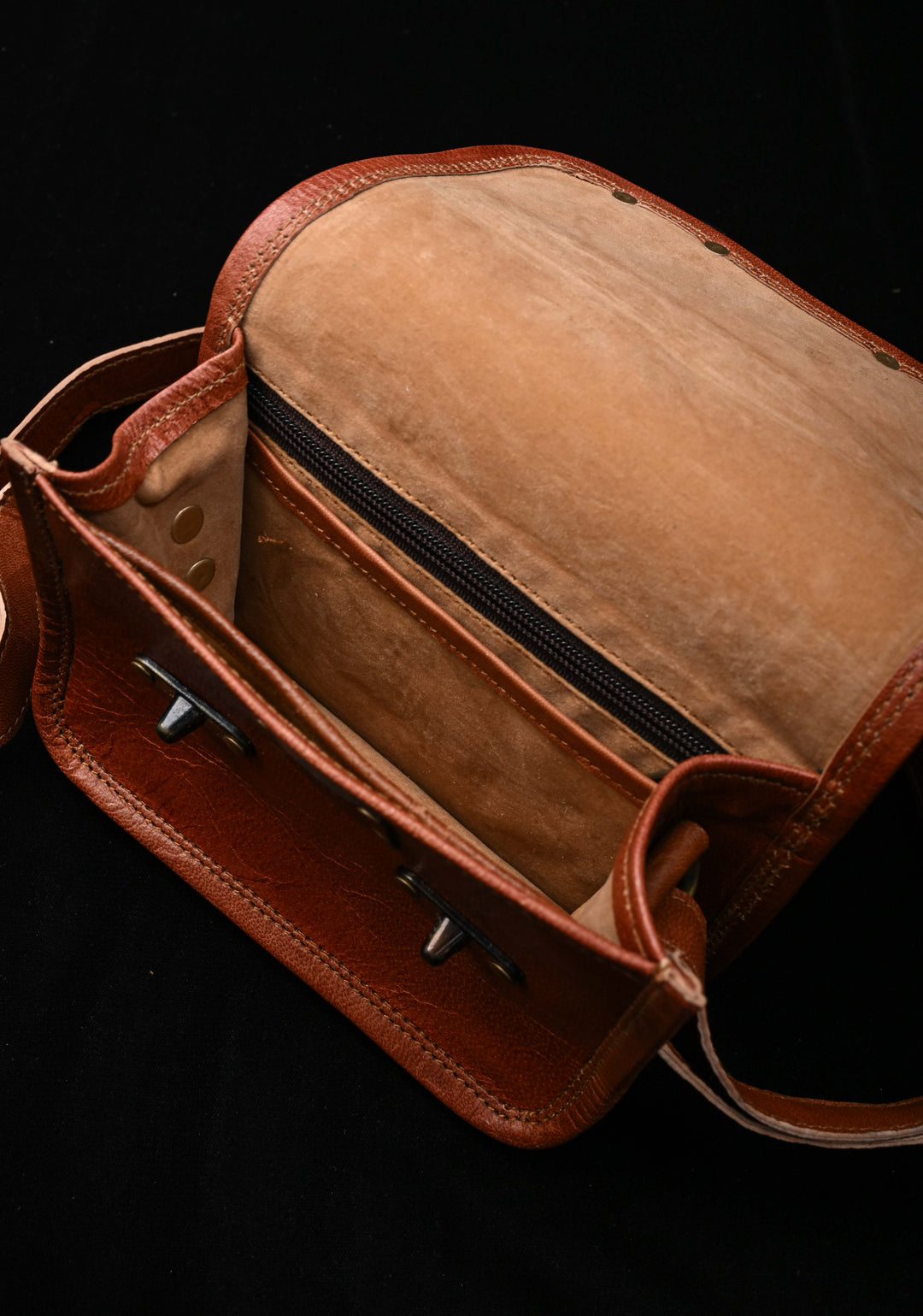 Brown Leather Double Buckle Sling Bag With Hand-Crafted And Embroidery