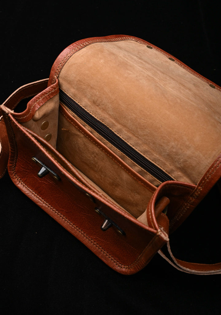 Brown Leather Double Buckle Sling Bag With Hand-Crafted And Embroidery