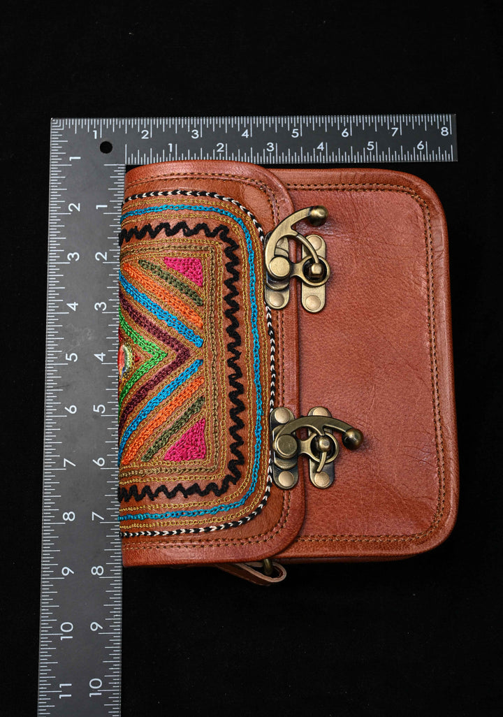 Brown Leather Double Buckle Sling Bag With Hand-Crafted And Embroidery