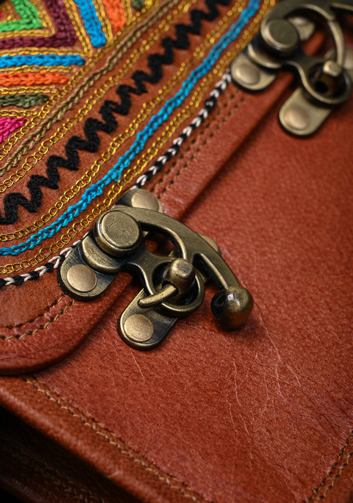 Brown Leather Double Buckle Sling Bag With Hand-Crafted And Embroidery