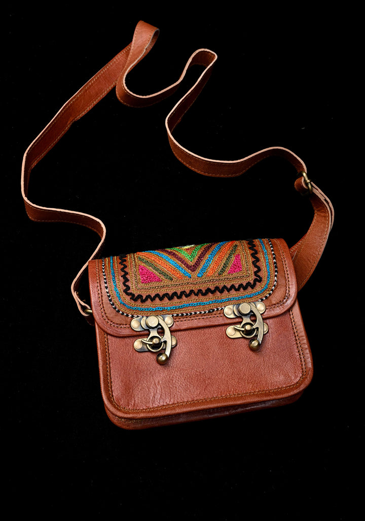 Brown Leather Double Buckle Sling Bag With Hand-Crafted And Embroidery