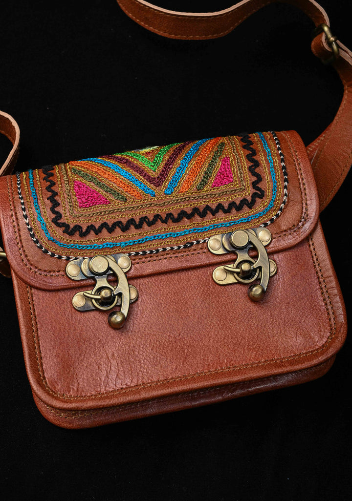 Brown Leather Double Buckle Sling Bag With Hand-Crafted And Embroidery