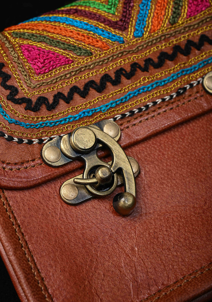 Brown Leather Double Buckle Sling Bag With Hand-Crafted And Embroidery