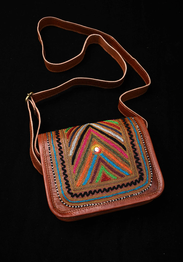 Brown Leather Double Buckle Sling Bag With Hand-Crafted And Embroidery