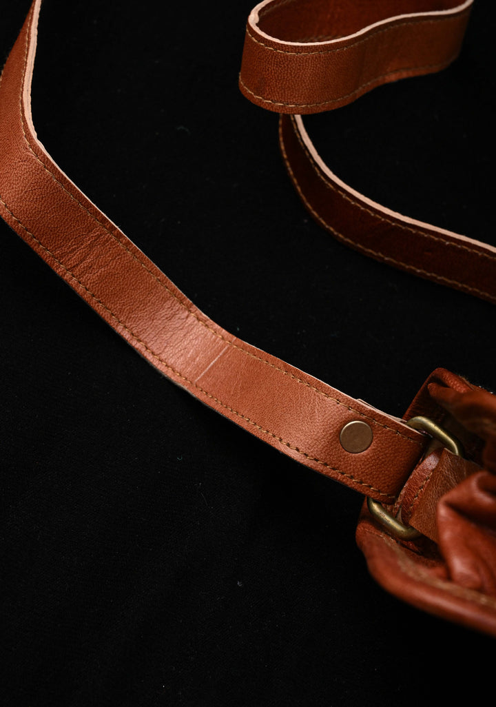 Brown Leather Double Buckle Sling Bag With Hand-Crafted And Embroidery