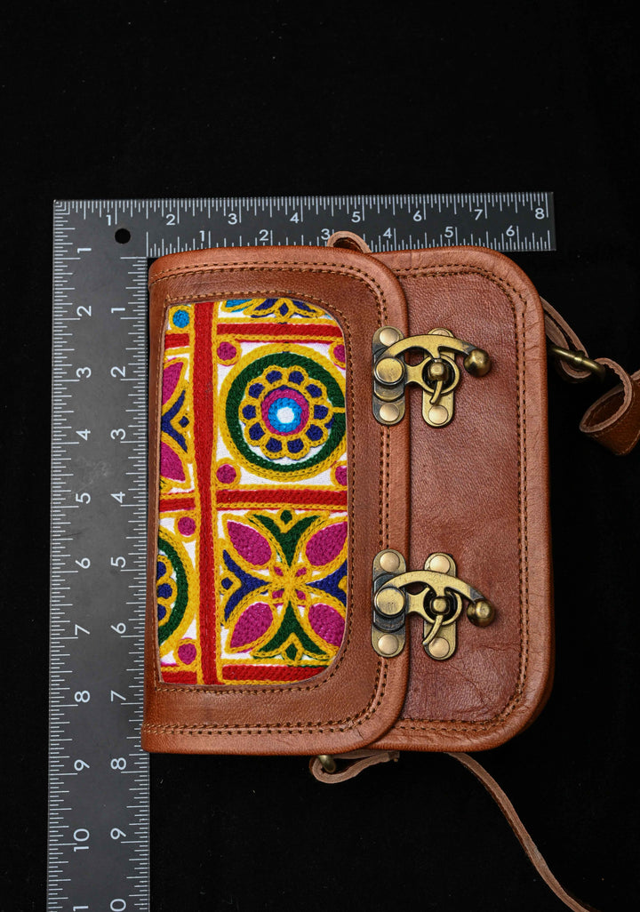 Leather Double Buckle Brown Sling Bag With Hand-Crafted And Embroidery