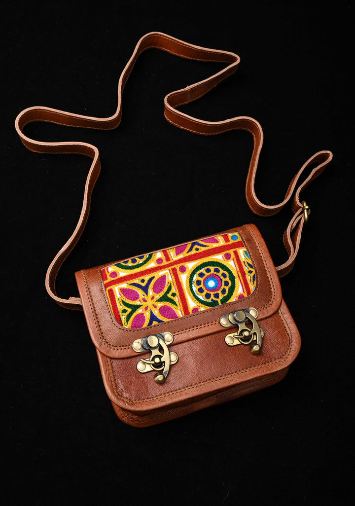 Leather Double Buckle Brown Sling Bag With Hand-Crafted And Embroidery