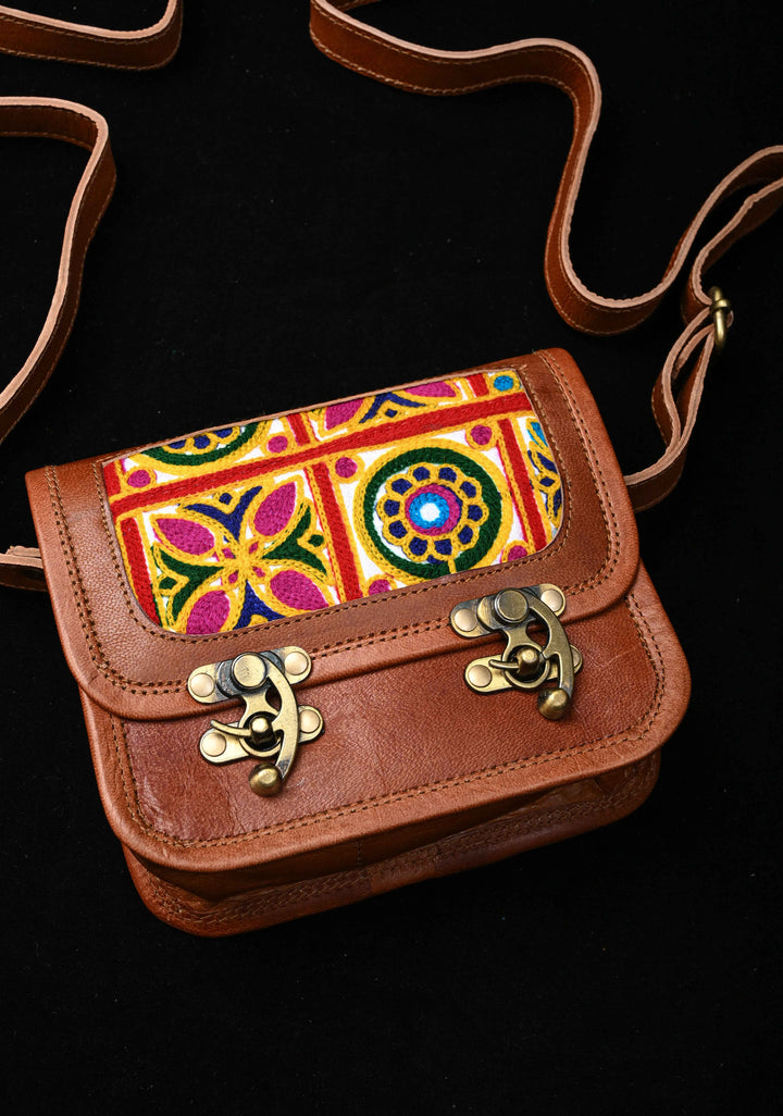 Leather Double Buckle Brown Sling Bag With Hand-Crafted And Embroidery
