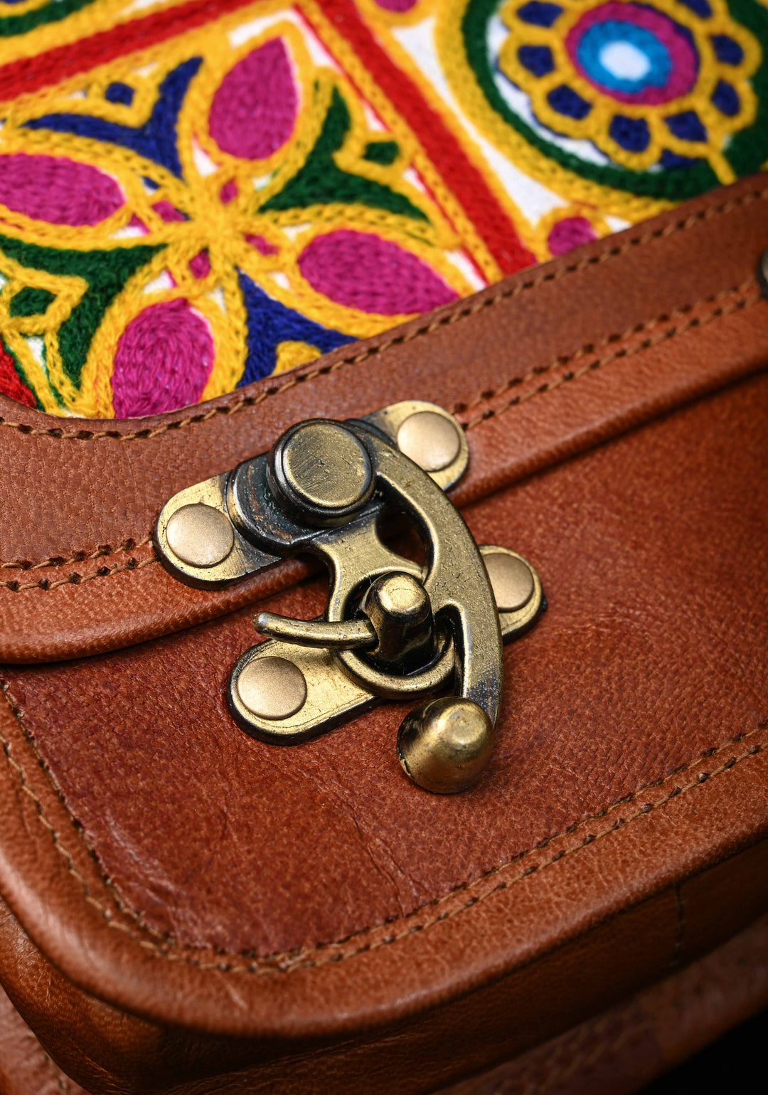 Leather Double Buckle Brown Sling Bag With Hand-Crafted And Embroidery