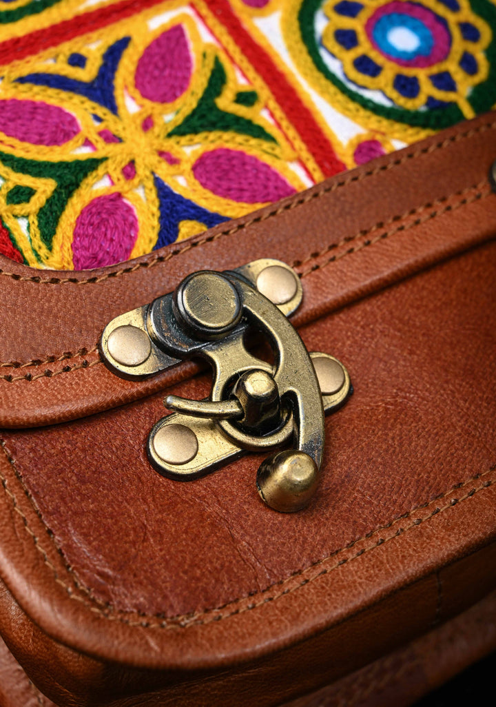 Leather Double Buckle Brown Sling Bag With Hand-Crafted And Embroidery
