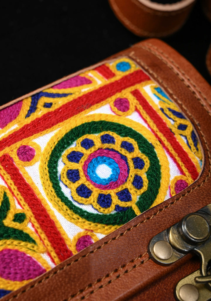 Leather Double Buckle Brown Sling Bag With Hand-Crafted And Embroidery