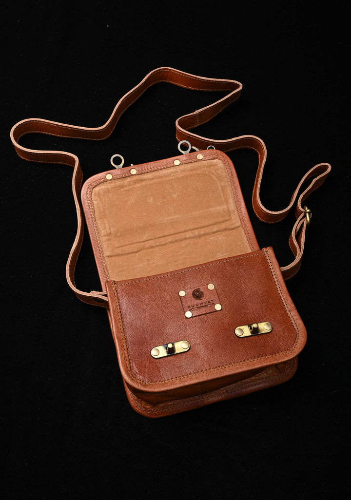 Leather Double Buckle Brown Sling Bag With Hand-Crafted And Embroidery