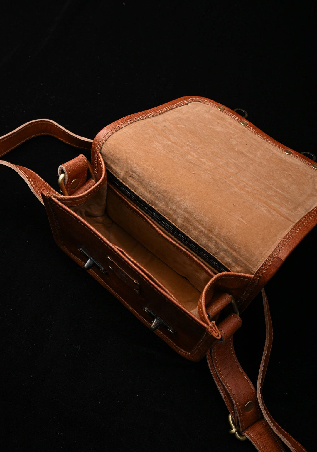Leather Double Buckle Brown Sling Bag With Hand-Crafted And Embroidery