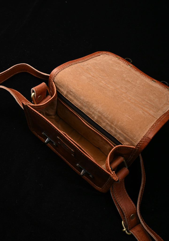 Leather Double Buckle Brown Sling Bag With Hand-Crafted And Embroidery