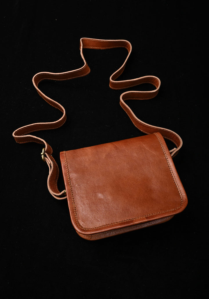 Leather Double Buckle Brown Sling Bag With Hand-Crafted And Embroidery