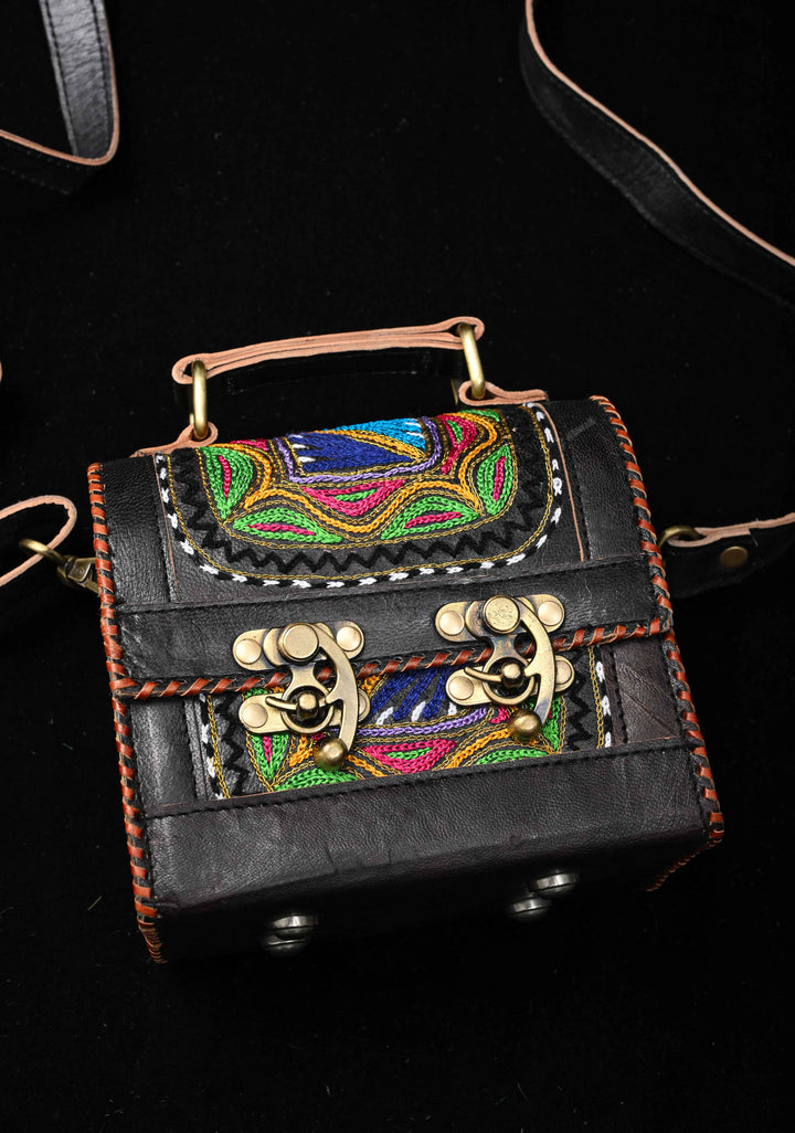 Leather Double Buckle Black Hut Bag With Hand-Crafted And Embroidery