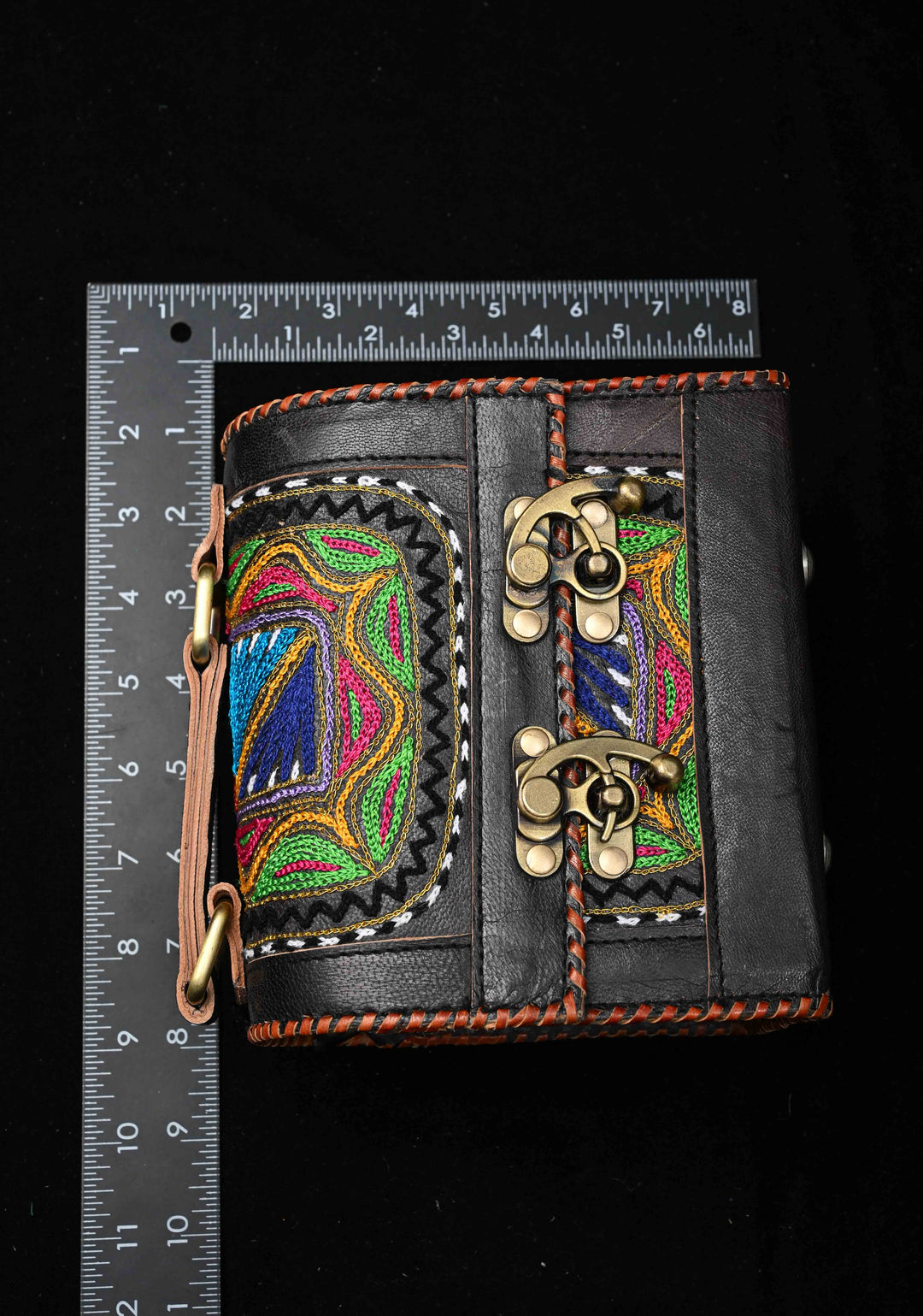 Leather Double Buckle Black Hut Bag With Hand-Crafted And Embroidery