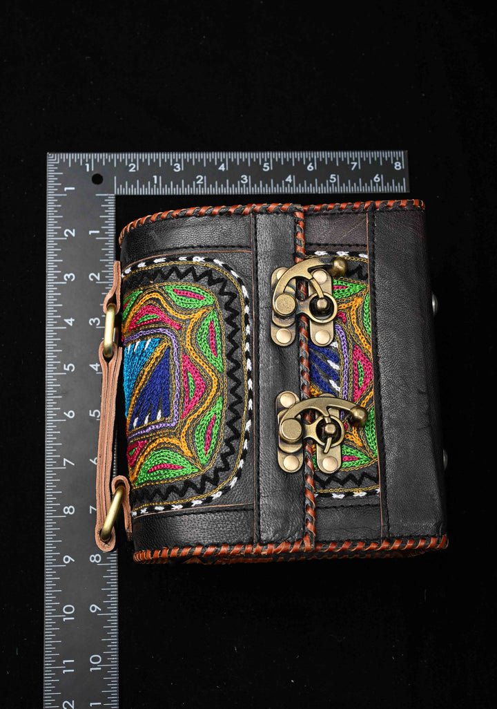 Leather Double Buckle Black Hut Bag With Hand-Crafted And Embroidery