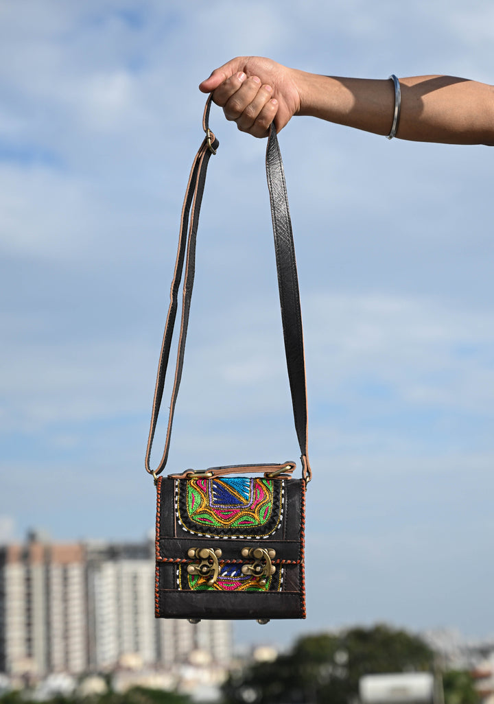 Leather Double Buckle Black Hut Bag With Hand-Crafted And Embroidery