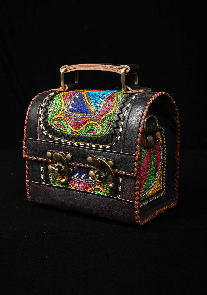 Leather Double Buckle Black Hut Bag With Hand-Crafted And Embroidery