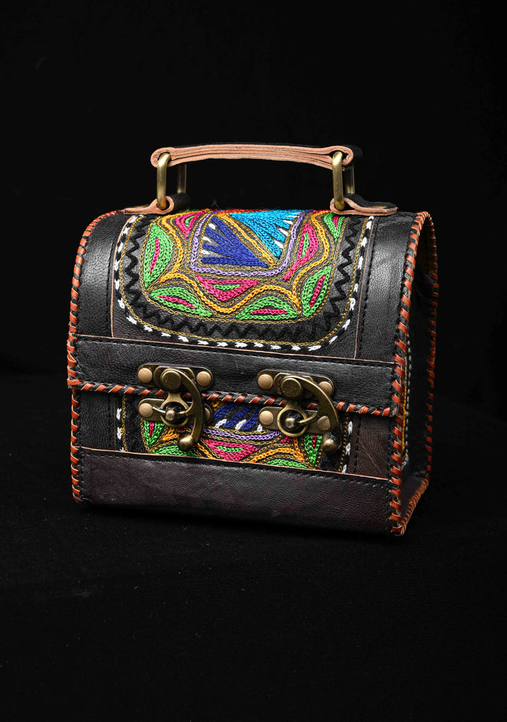 Leather Double Buckle Black Hut Bag With Hand-Crafted And Embroidery