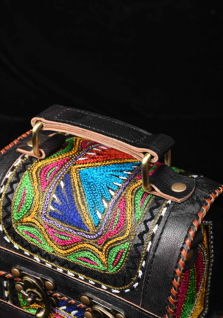 Leather Double Buckle Black Hut Bag With Hand-Crafted And Embroidery
