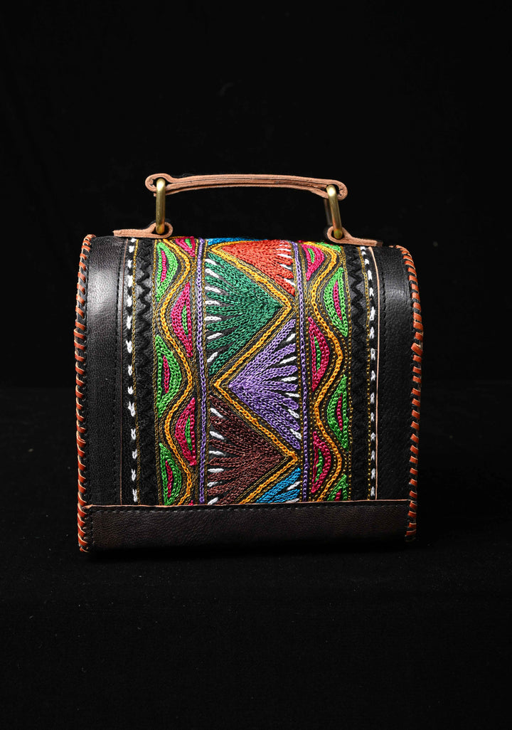 Leather Double Buckle Black Hut Bag With Hand-Crafted And Embroidery