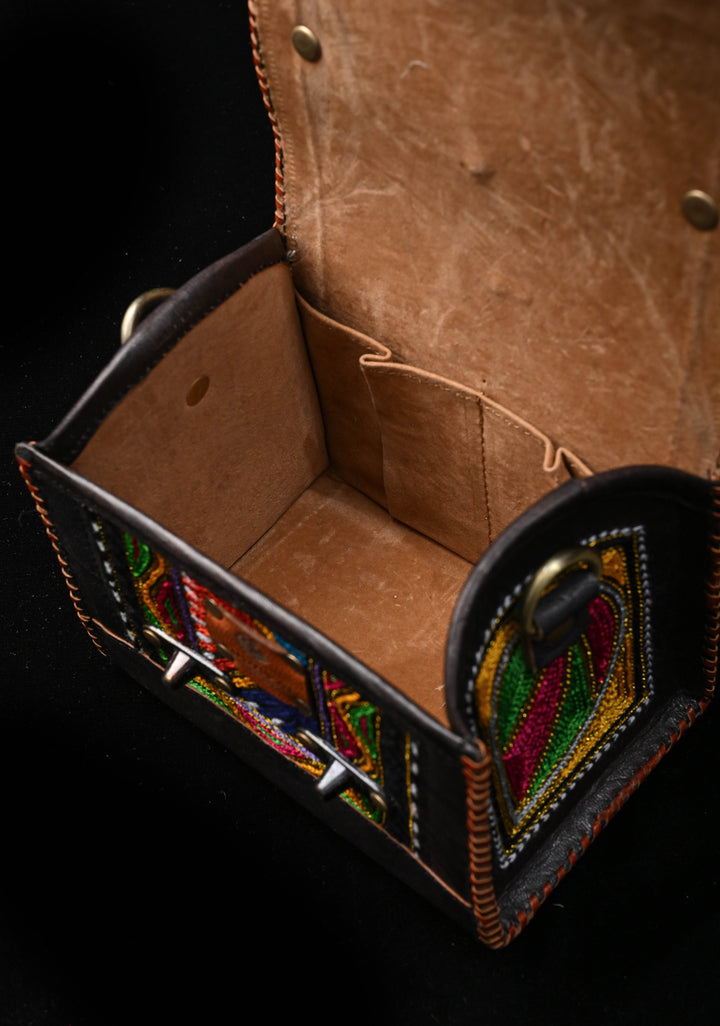 Leather Double Buckle Black Hut Bag With Hand-Crafted And Embroidery