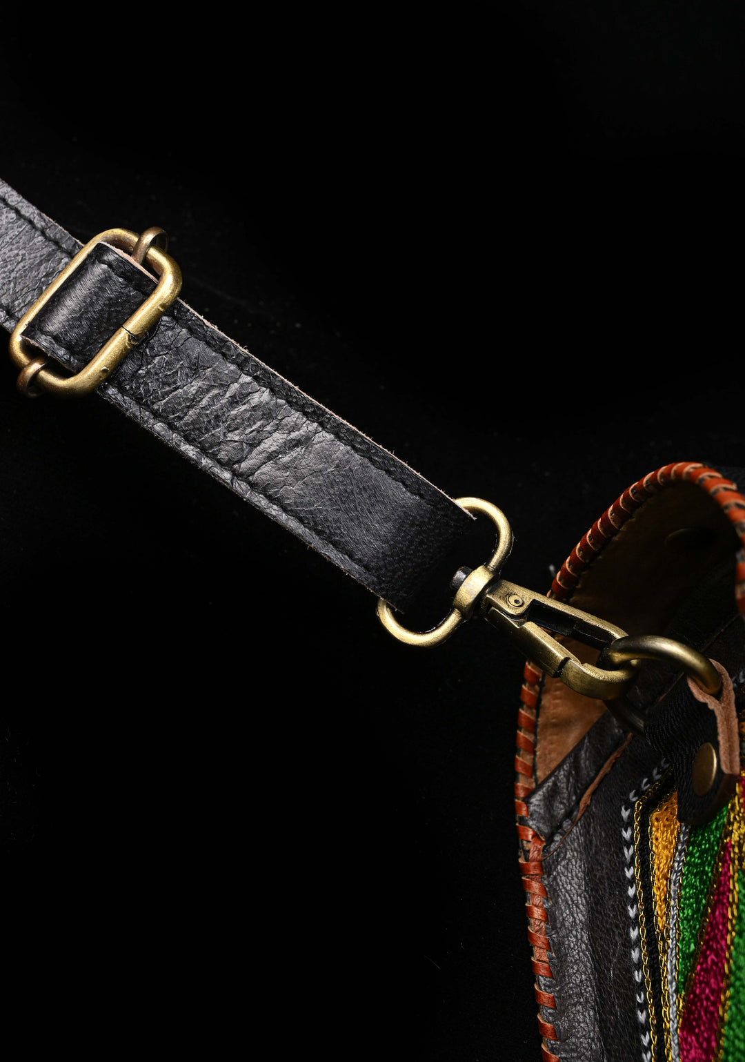 Leather Double Buckle Black Hut Bag With Hand-Crafted And Embroidery