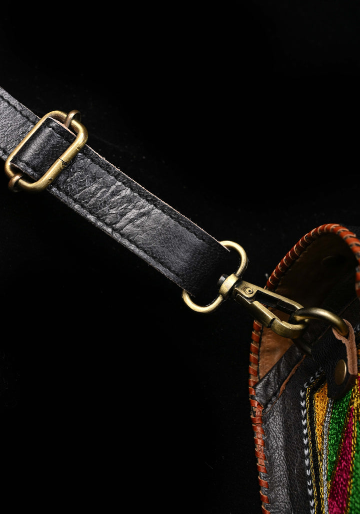 Leather Double Buckle Black Hut Bag With Hand-Crafted And Embroidery