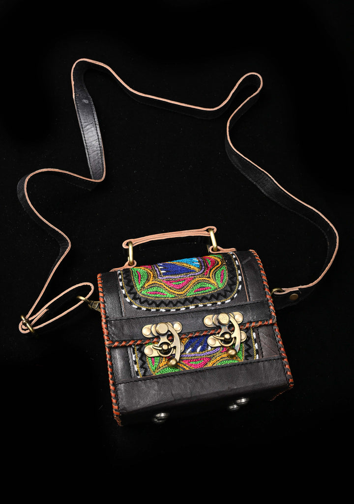 Leather Double Buckle Black Hut Bag With Hand-Crafted And Embroidery