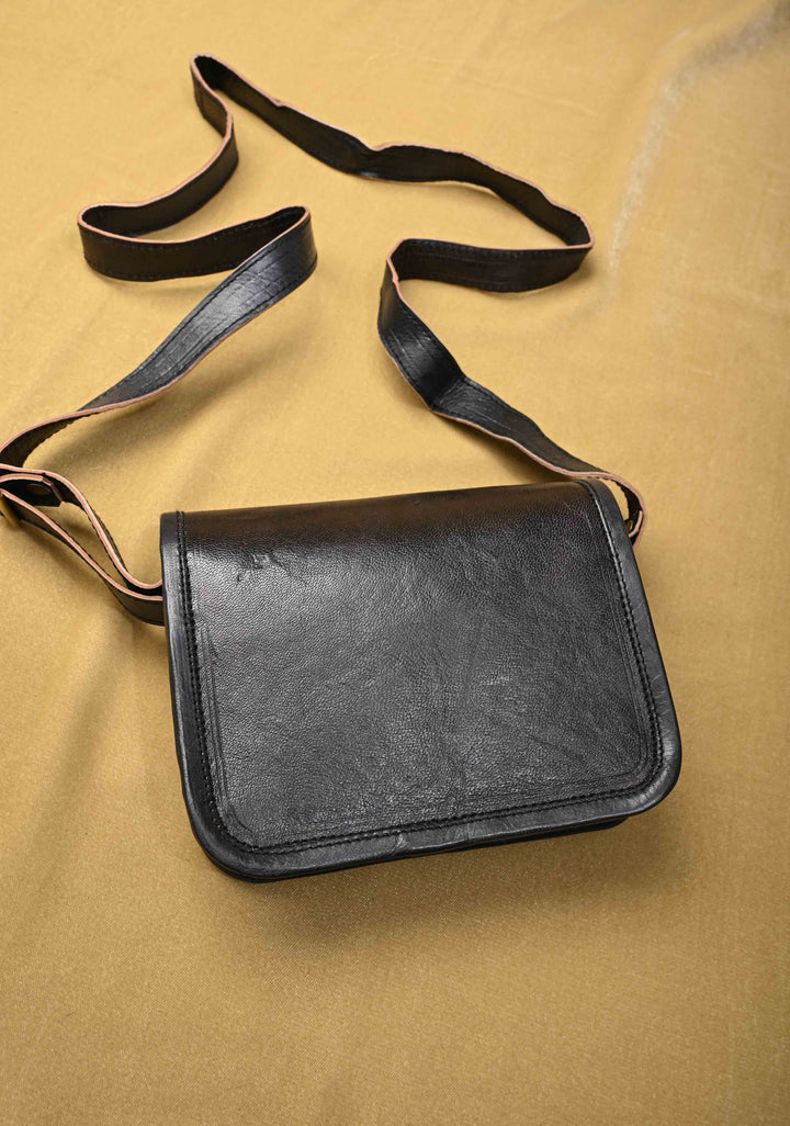 Leather Double Buckle Black Sling Bag With Hand-Crafted And Embroidery