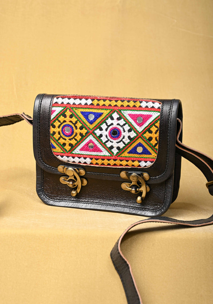 Leather Double Buckle Black Sling Bag With Hand-Crafted And Embroidery