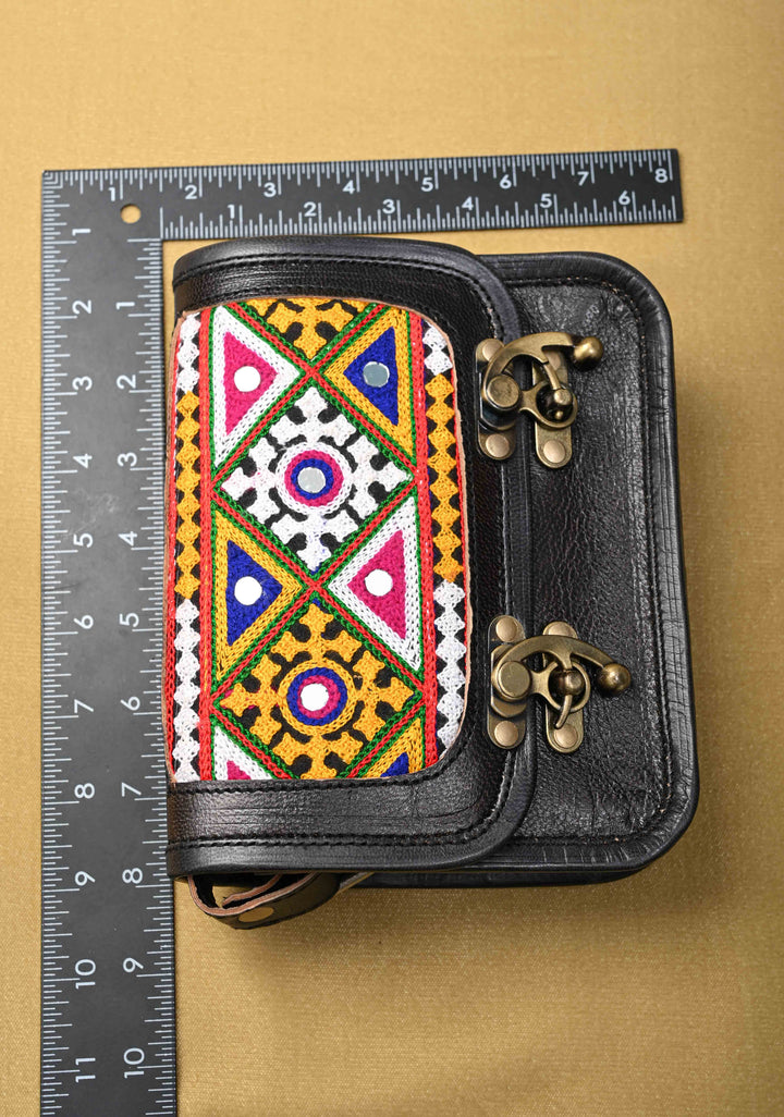 Leather Double Buckle Black Sling Bag With Hand-Crafted And Embroidery