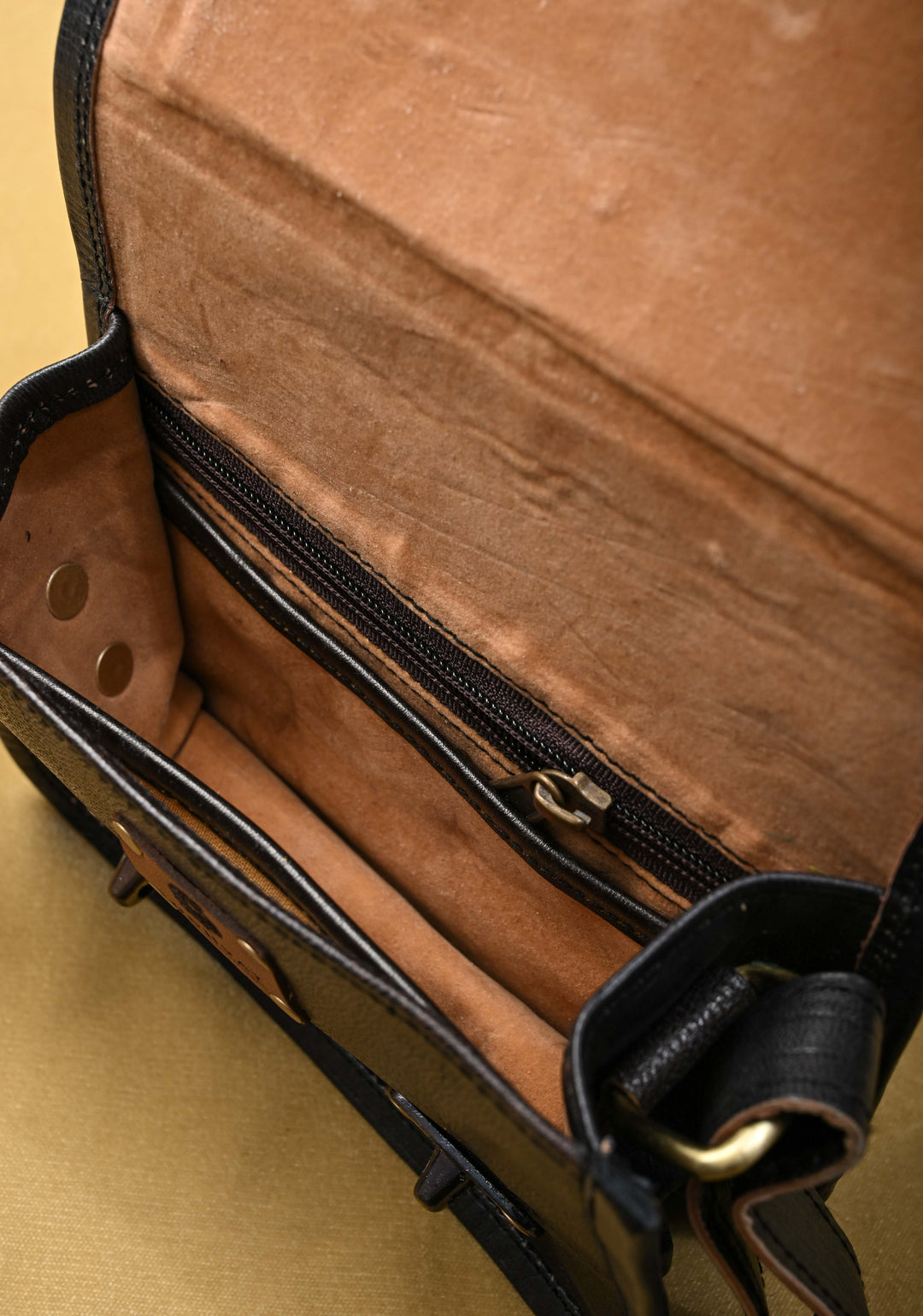 Leather Double Buckle Black Sling Bag With Hand-Crafted And Embroidery
