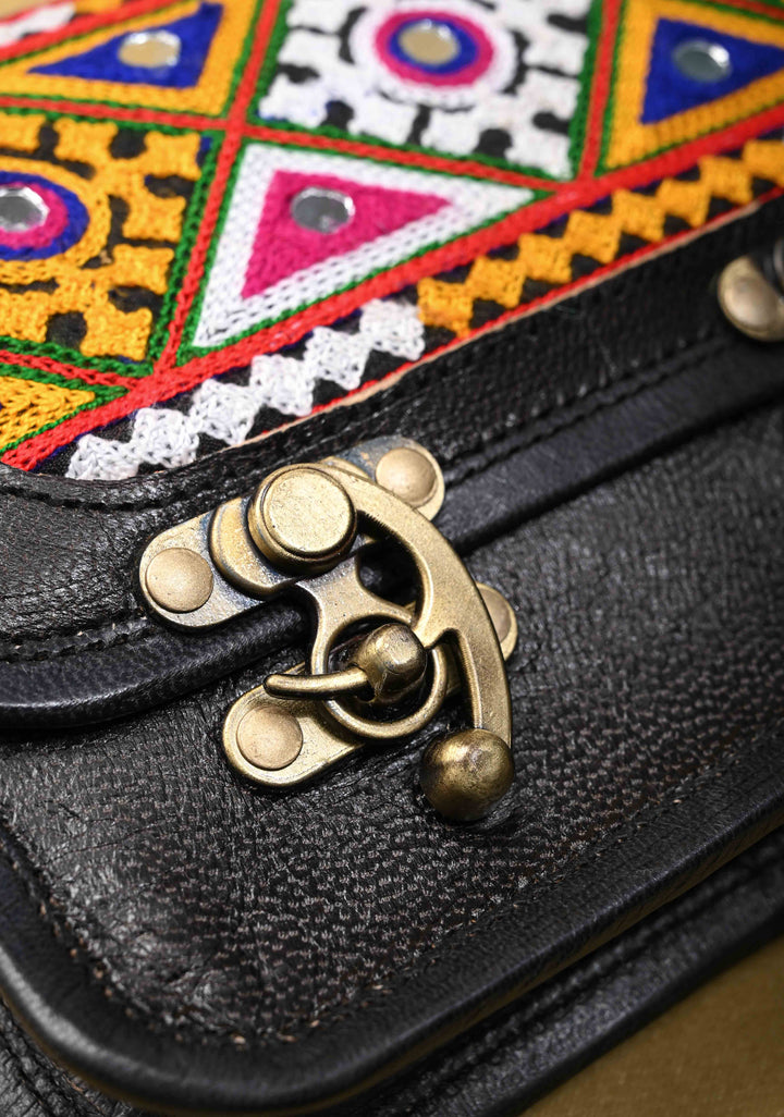 Leather Double Buckle Black Sling Bag With Hand-Crafted And Embroidery