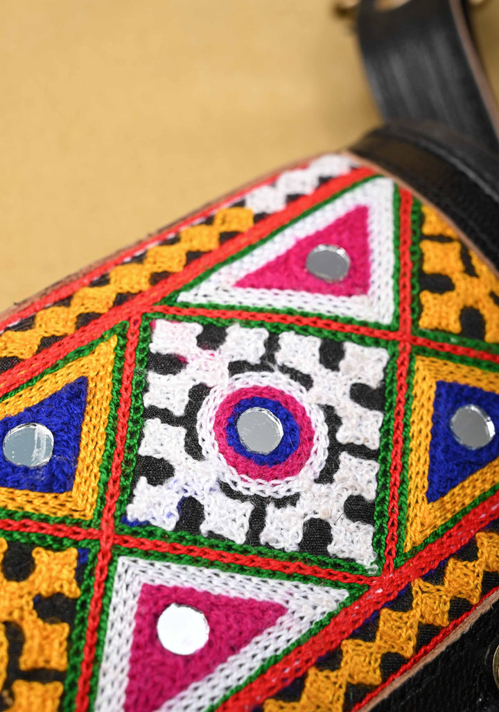Leather Double Buckle Black Sling Bag With Hand-Crafted And Embroidery