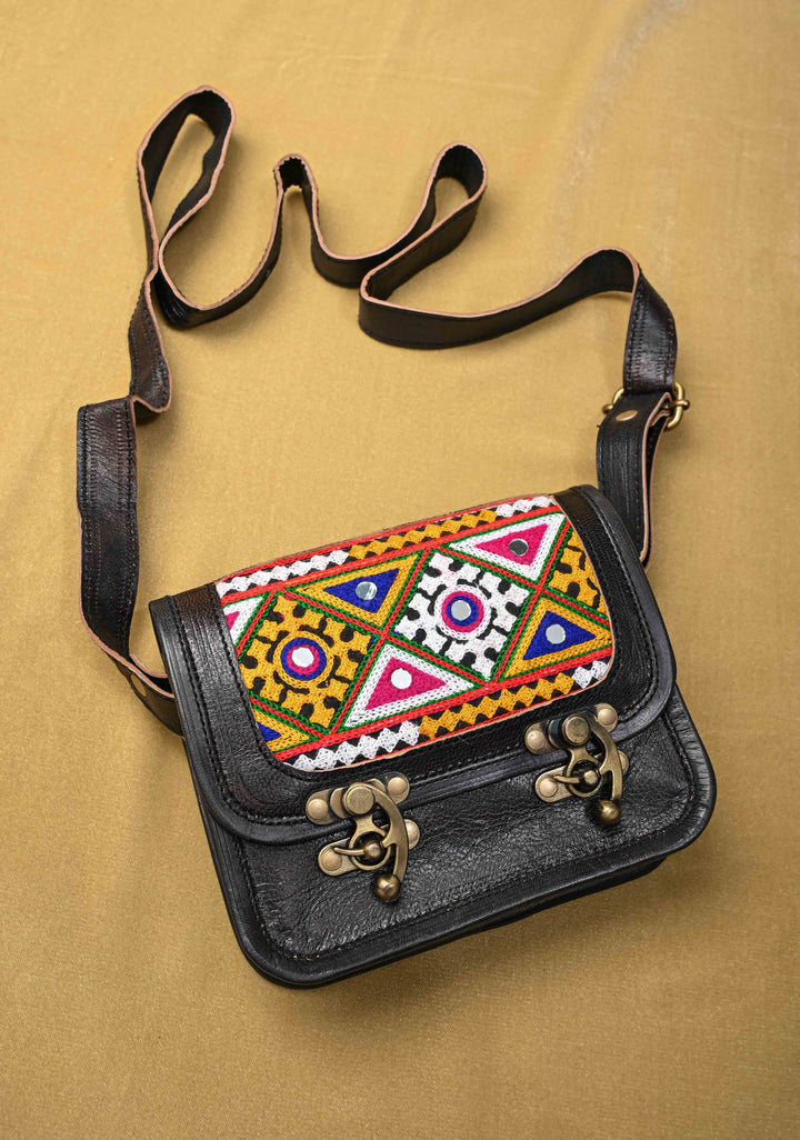 Leather Double Buckle Black Sling Bag With Hand-Crafted And Embroidery