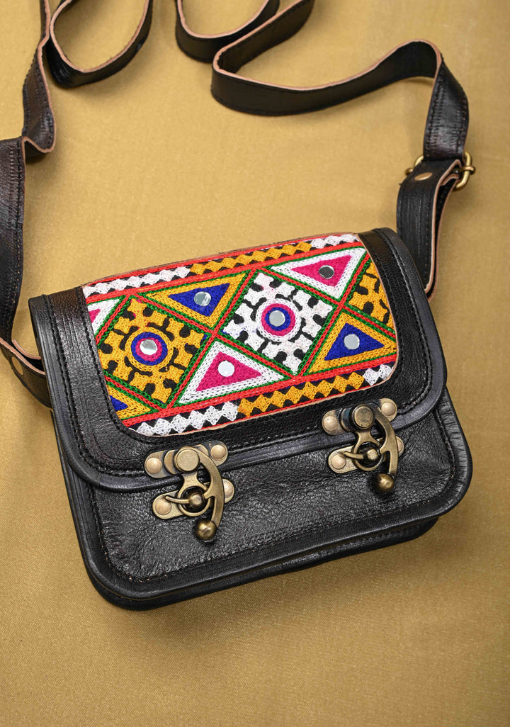 Leather Double Buckle Black Sling Bag With Hand-Crafted And Embroidery