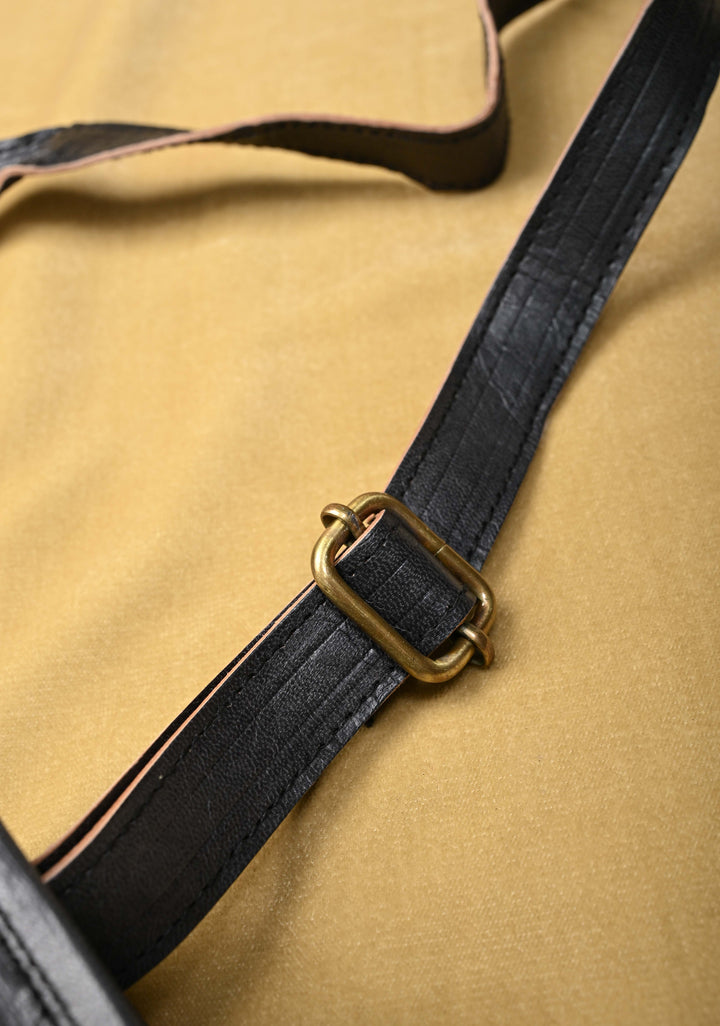 Leather Double Buckle Black Sling Bag With Hand-Crafted And Embroidery