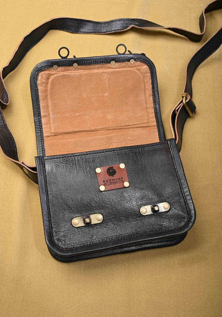 Leather Double Buckle Black Sling Bag With Hand-Crafted And Embroidery