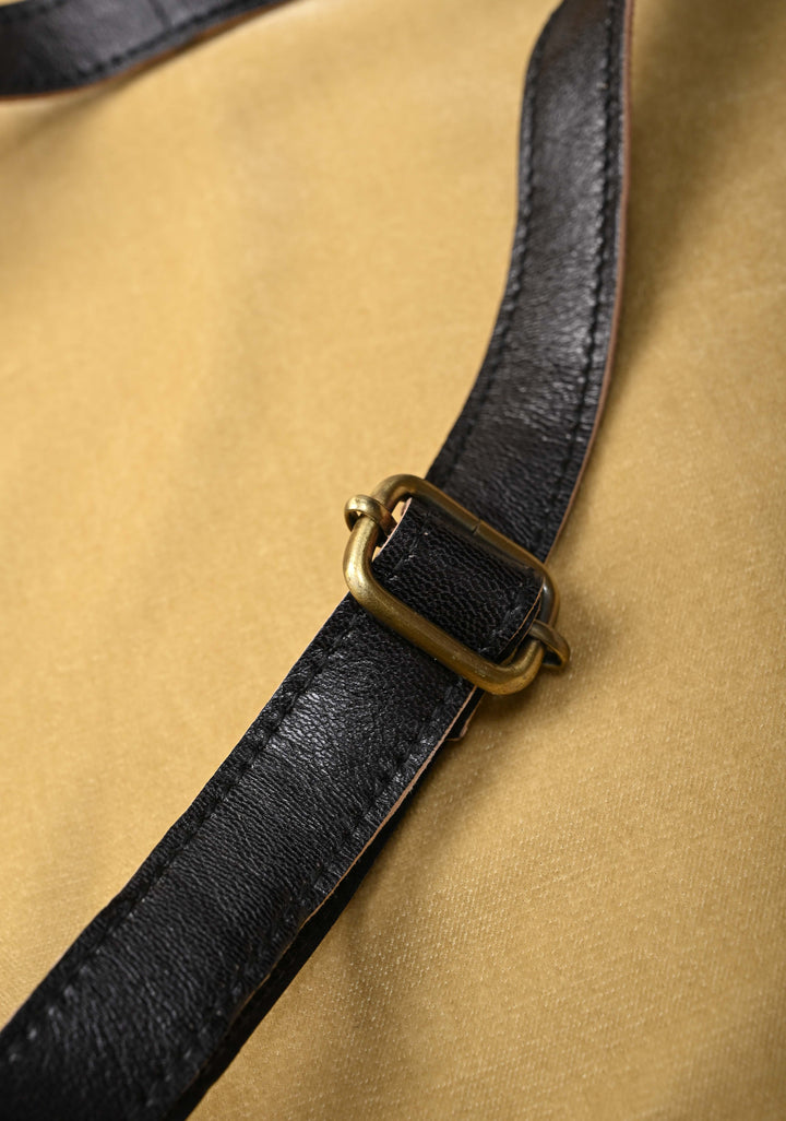 Black Leather Double Buckle Sling Bag With Hand-Crafted And Leaf Embroidery