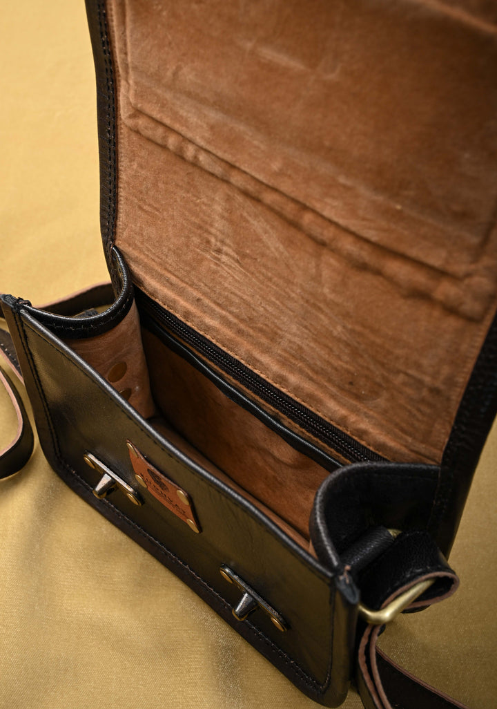 Black Leather Double Buckle Sling Bag With Hand-Crafted And Leaf Embroidery