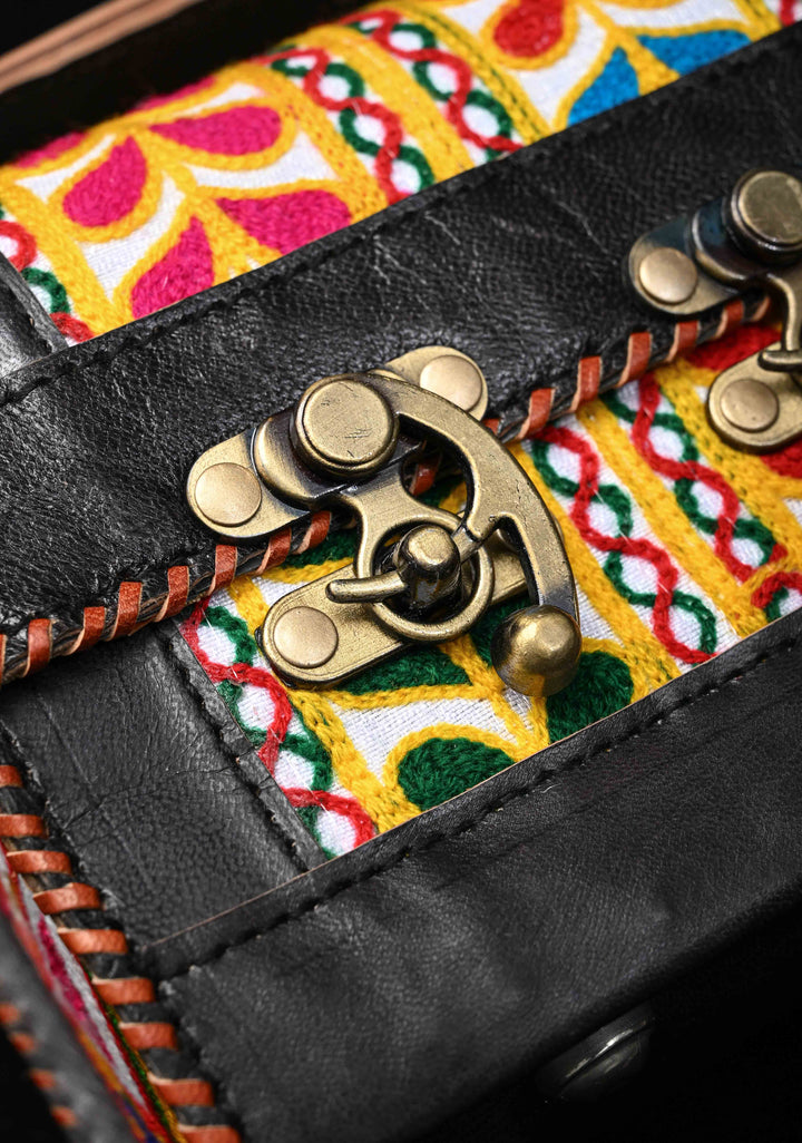 Black Leather Double Buckle Hut Bag With Hand-Crafted And Leaf Embroidery