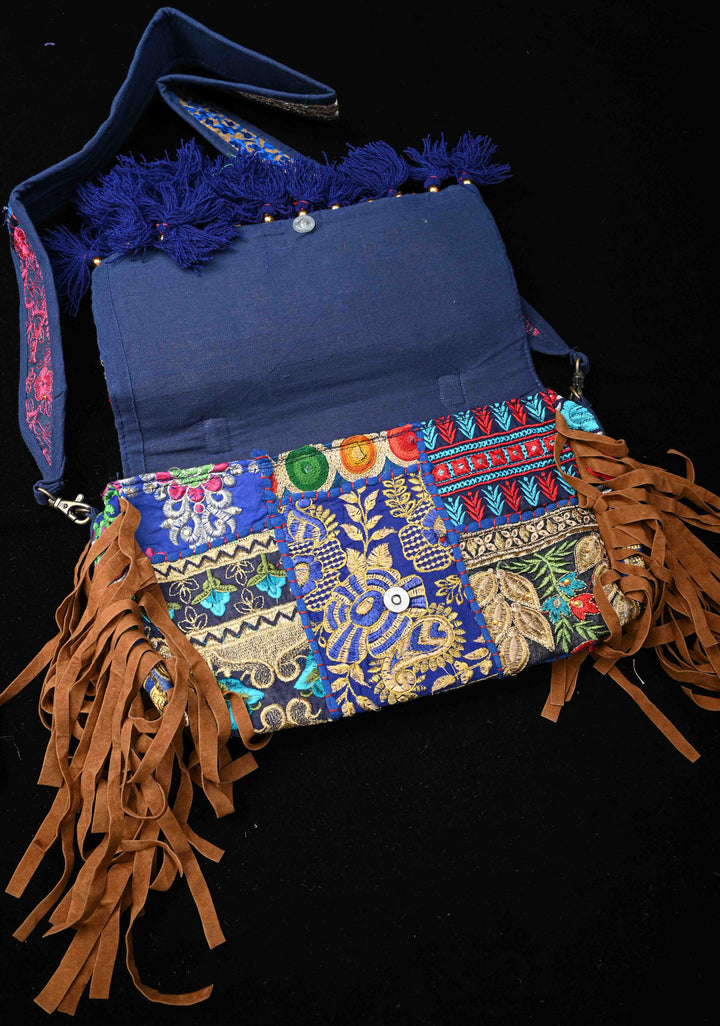 Blue Hand-Embraided Ethnic Embellished Banjara Boho Sling Bag with Cowrie Shell