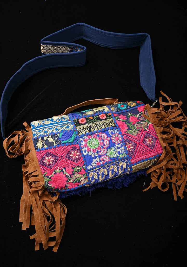 Blue Hand-Embraided Ethnic Embellished Banjara Boho Sling Bag with Cowrie Shell