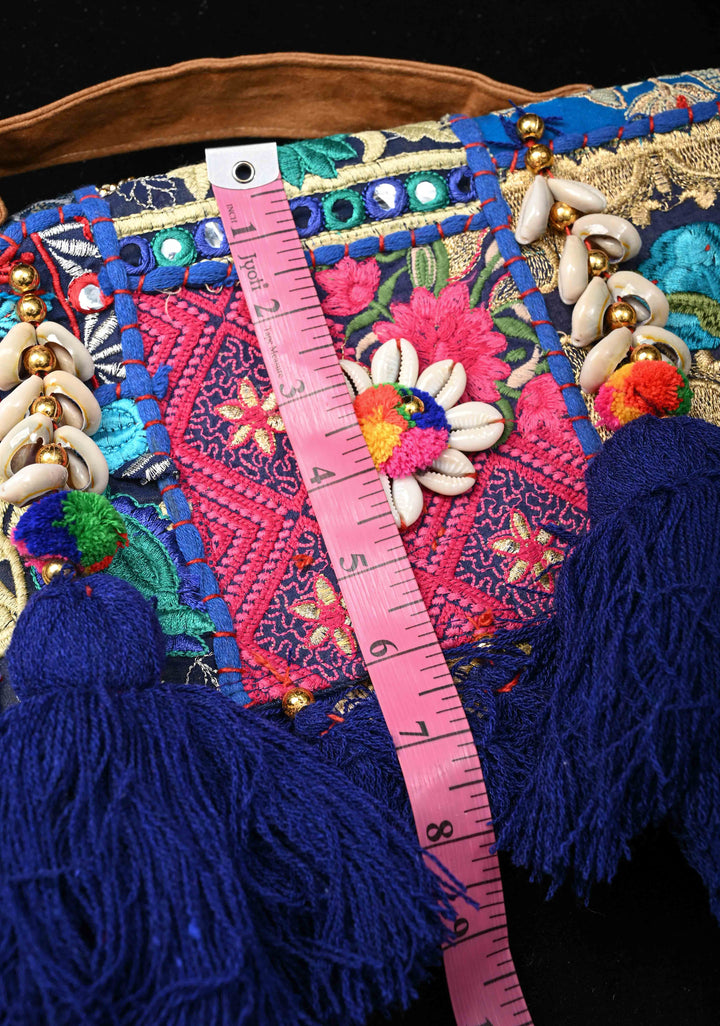 Blue Hand-Embraided Ethnic Embellished Banjara Boho Sling Bag with Cowrie Shell